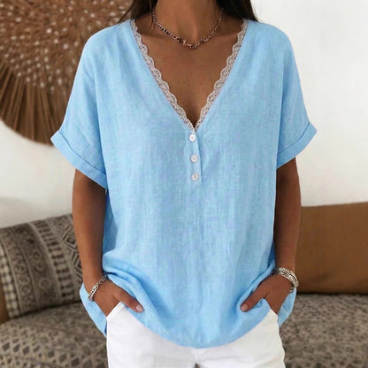 Cardydony Women's Solid Color Lace V-neck Short Sleeve Linen Blend T-shirt