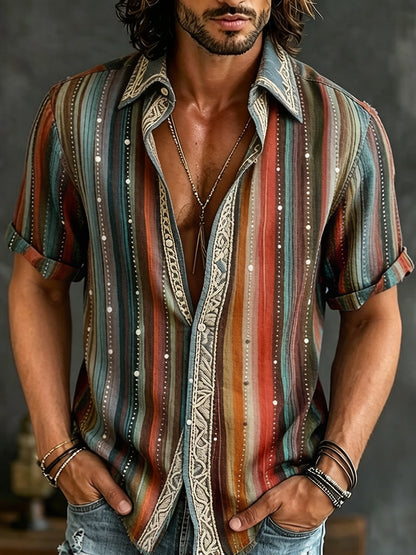 Cardydony Men's Vintage Stripes Pattern Art Casual Cotton Shirt