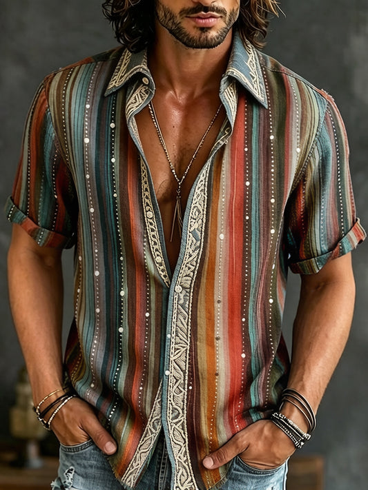 Cardydony Men's Vintage Stripes Pattern Art Casual Cotton Shirt