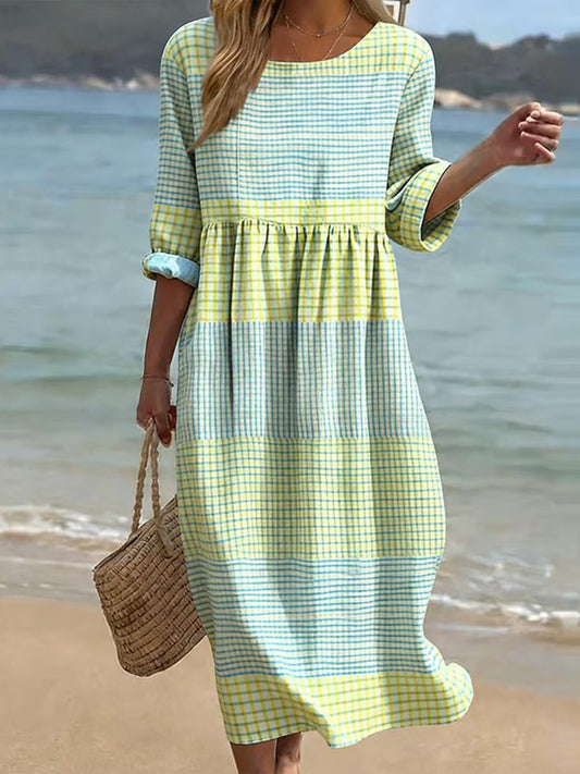Cardydony Women's Japanese Color Block Art Linen-blend Maxi Dress