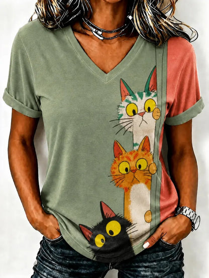 Cardydony Women's Cute Cat Printed Casual T-shirt