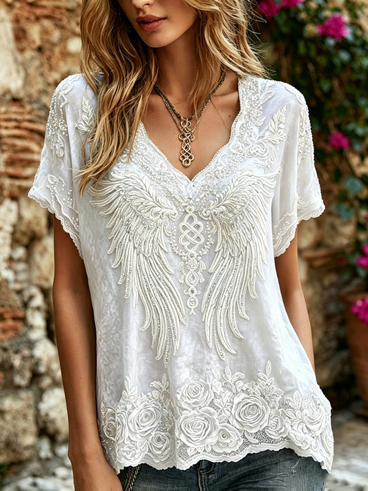 Cardydony Women's Romantic Floral And Wings Art Linen Blend Short Sleeve Tops