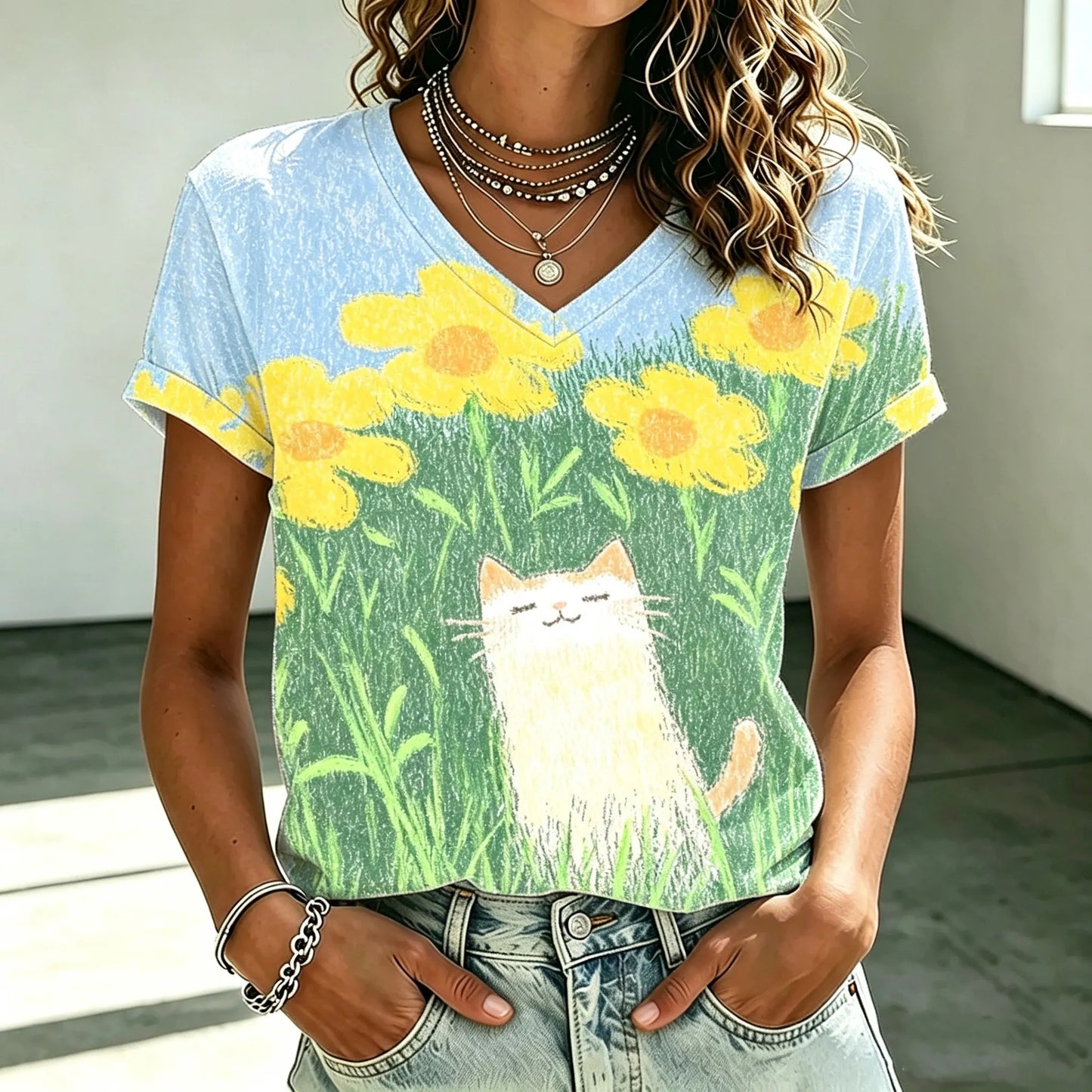 Cardydony Women's Cat And Floral Print Short-sleeved Top