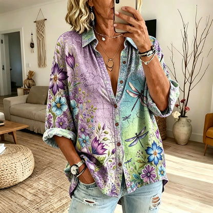 Cardydony Women's Retro Vacation Floral Dragonfly Tie-dye Gradient Print Long-sleeved Cotton Linen Shirt