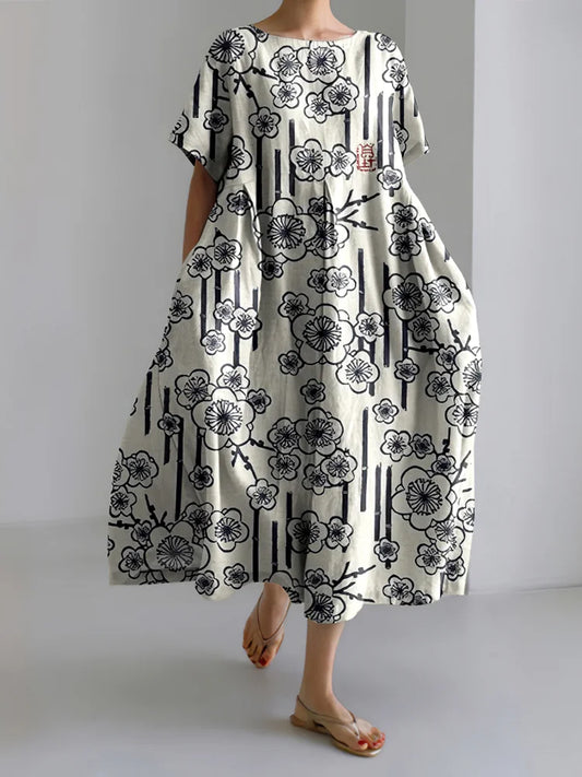 Cardydony Japanese Art Cherry Blossom Print Short Sleeve Loose Midi Dress