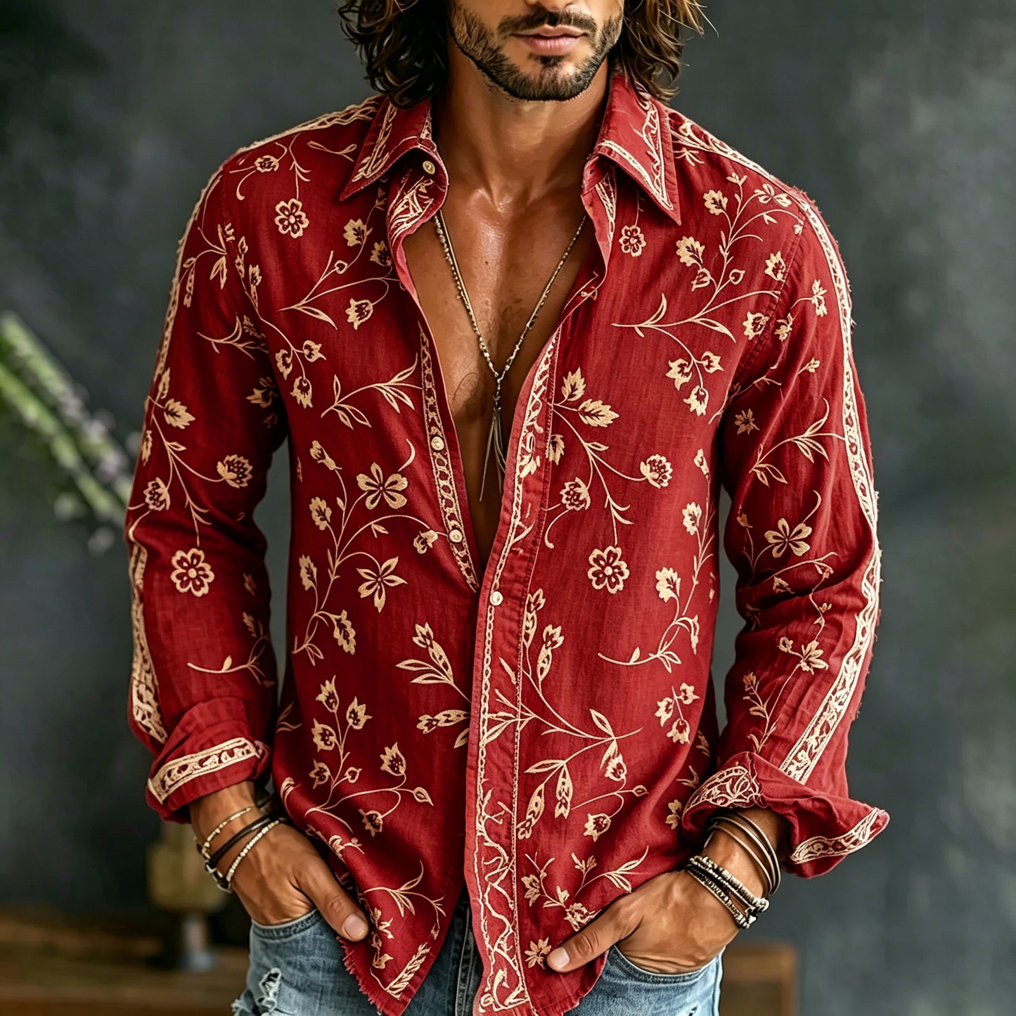 Cardydony Men's Vintage Spring Floral Embroidered Art Print Flowy Linen Blend Casual Shirt