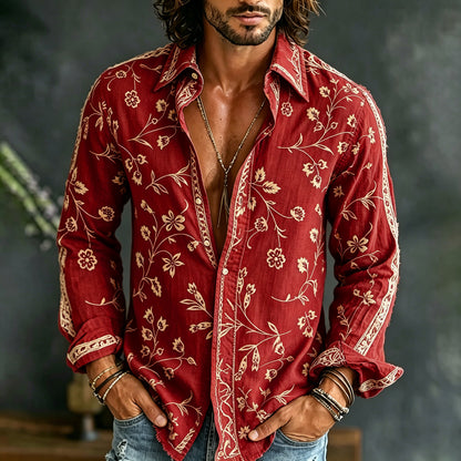 Cardydony Men's Vintage Spring Floral Embroidered Art Print Flowy Linen Blend Casual Shirt