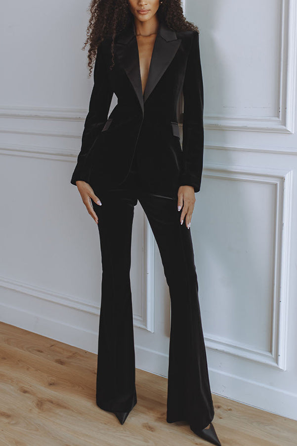 Cardydony Women's Delicate Daze Velvet Satin Lapel Button Up Long Sleeve Tapered Waist Blazer