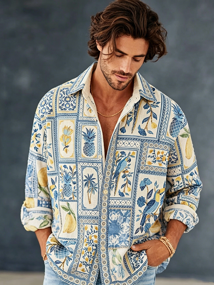 Cardydony Men's Vintage Summer Sicilian Lemon Tile And Birds Art Print Flowy Linen Blend Casual Shirt