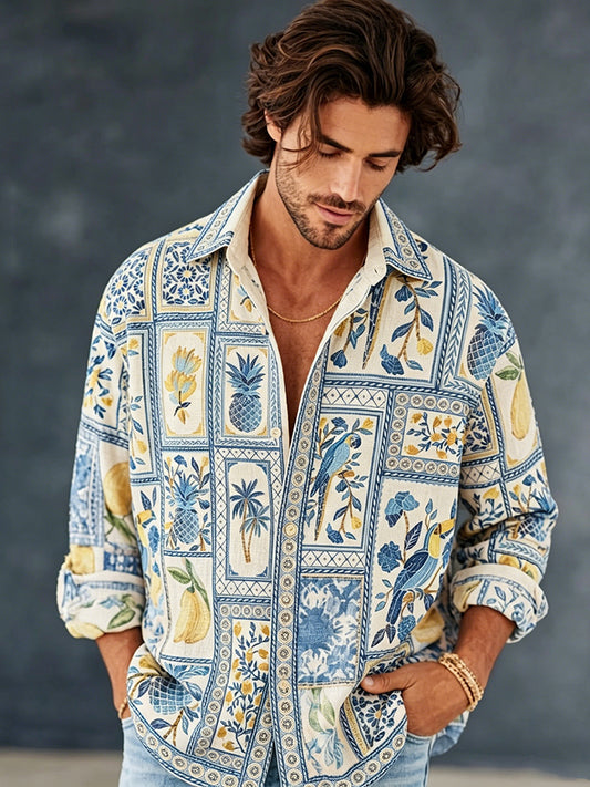 Cardydony Men's Vintage Summer Sicilian Lemon Tile And Birds Art Print Flowy Linen Blend Casual Shirt