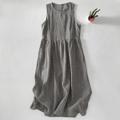 Cardydony Women's Plaid Pattern Linen Blend Sleeveless Dress