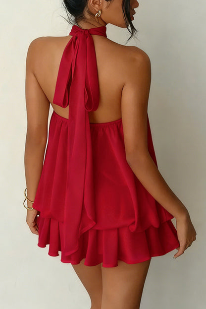 Cardydony Women's  Fashionable Chiffon Halter Neck Backless Lace-up Casual Vacation Mini Dress