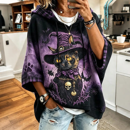 Cardydony Women's Halloween Black Cat And Skull Art Print Casual Hoodie