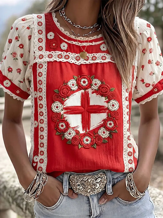 Cardydony Women's Vintage Floral Embroidered Art Patchwork Short Sleeve T-shirt