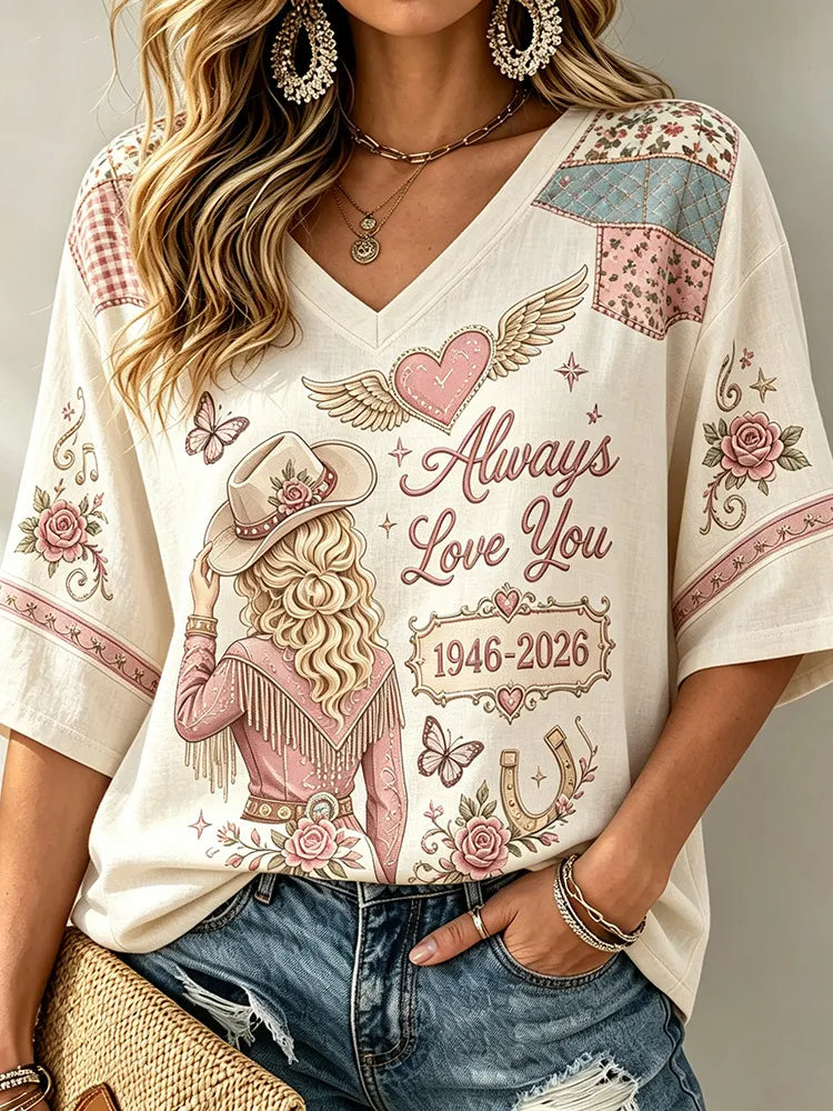 Cardydony Vintage Till We Meet Again Pink Casual Printed Mid-length Sleeves V-neck T-shirt