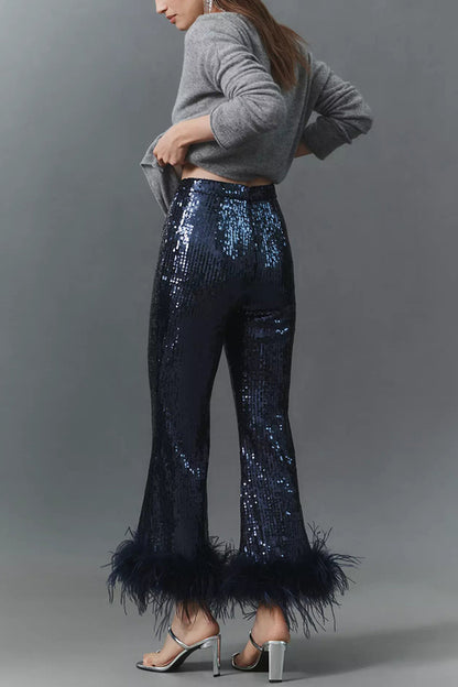 Cardydony Women's New Year Eve Sequin Feather Trim High Rise Back Zipper Flare Pants