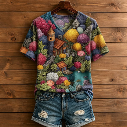 Cardydony Women's Whimsical Floral Secret Garden Cottage Art Print Boho Short Sleeve V‑neck T-shirt