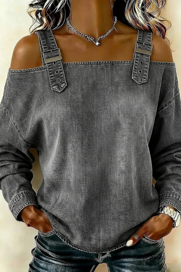 Cardydony Women's  Fashionable Faux Denim Off-shoulder Long-sleeved Loose Top