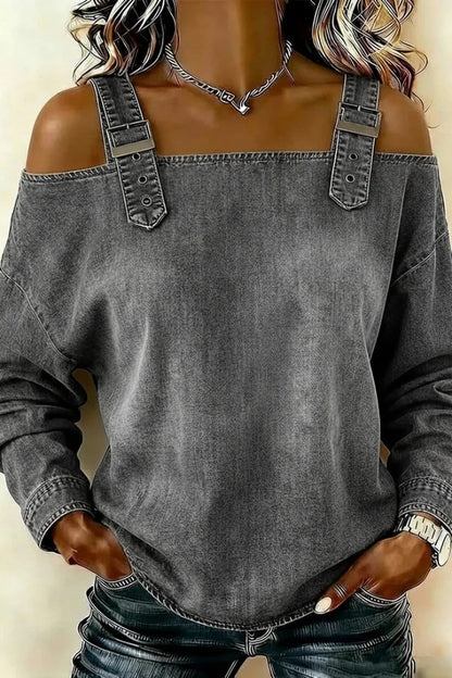 Cardydony Women's  Fashionable Faux Denim Off-shoulder Long-sleeved Loose Top