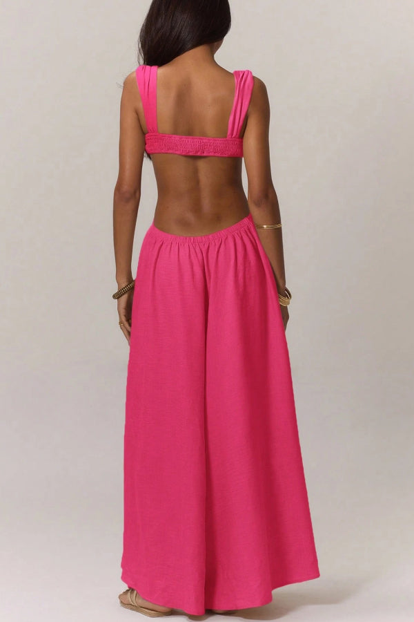 Cardydony Women's Solid Color Casual Camisole Loose Stretch Wide-leg Jumpsuit