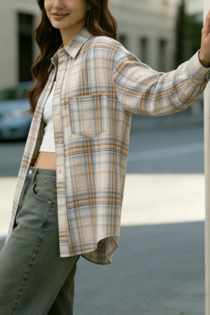 Cardydony Women's Stylish Plaid Collared Long-sleeved Pockets Casual Loose Shirt