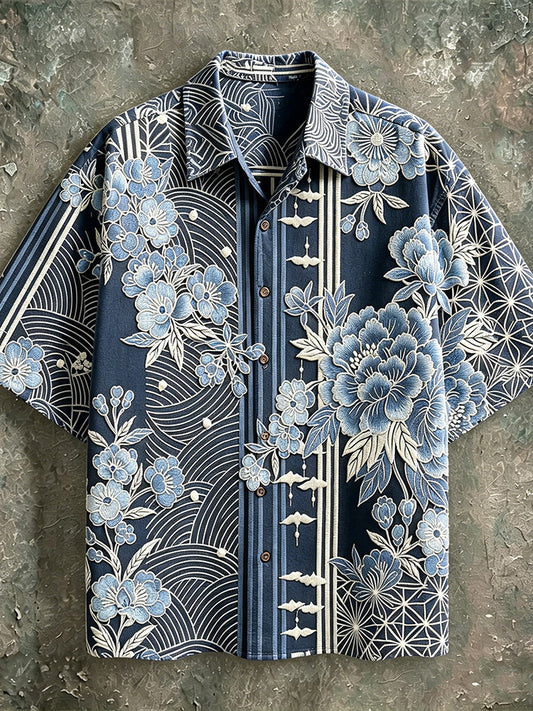 Cardydony Japanese Ukiyo-e Vintage Flower Embroidery Oriental Geometric Floral Cotton Linen Button Down Short Sleeve Shirt