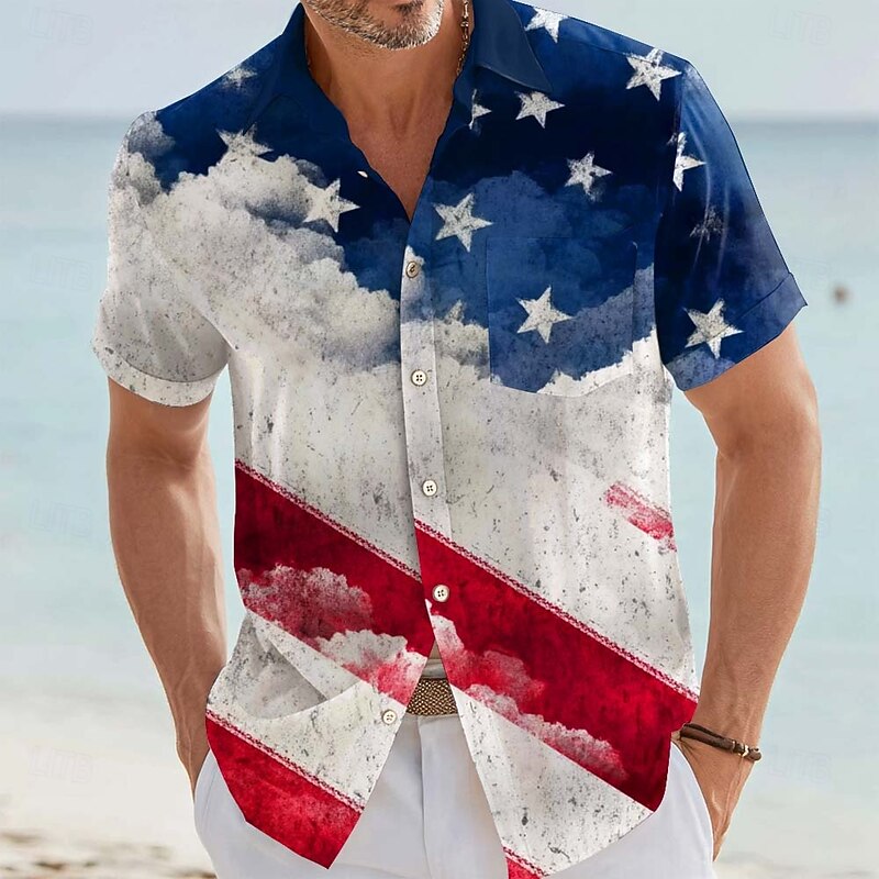 Cardydony Men's Us Flag America's 250th Anniversary Print Pocket Button Up Shirt