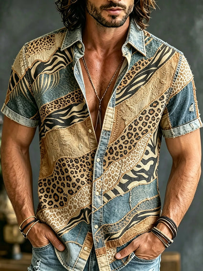 Cardydony Men's Retro Washed Leopard Print Patchwork Shirt