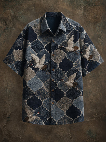 Cardydony Men's Retro Ethnic Japanese Art Flying Crane Cotton Linen Shirt