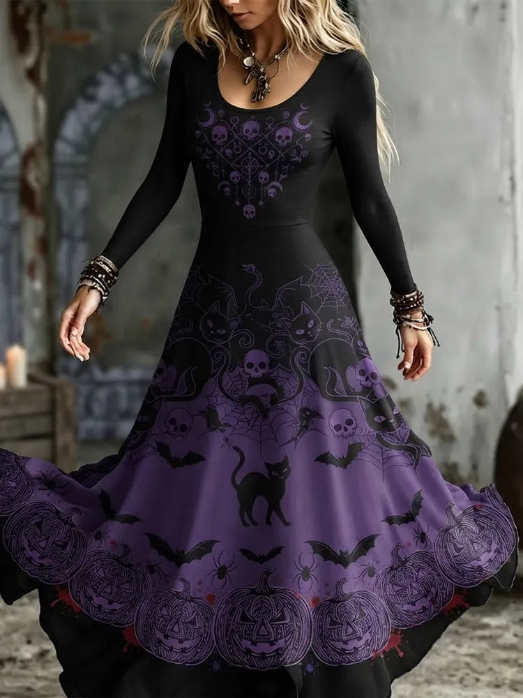 Cardydony Women's Gothic Purple Gradient Skull, Black Cat And Pumpkin Long Sleeve Maxi Dress