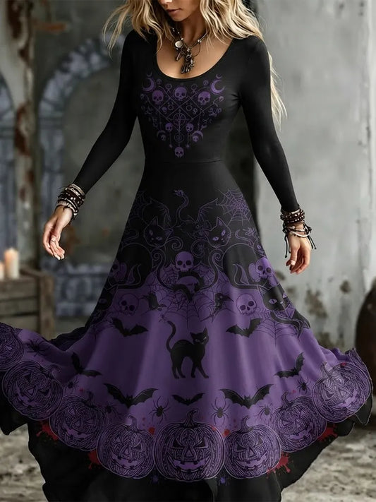 Cardydony Women's Gothic Purple Gradient Skull, Black Cat And Pumpkin Long Sleeve Maxi Dress