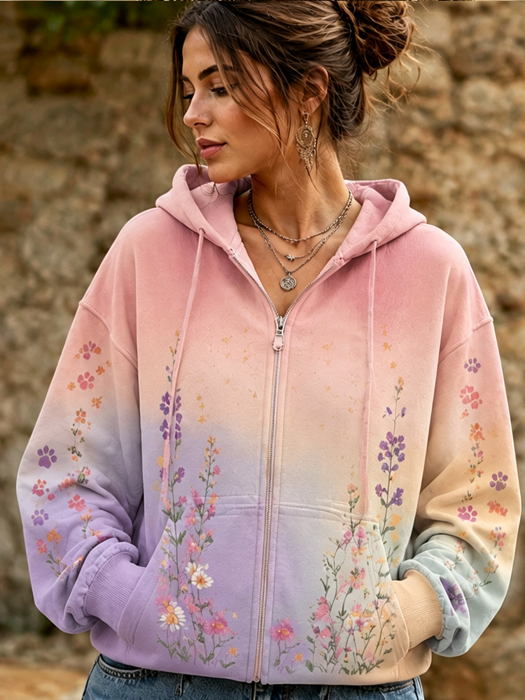 Cardydony Women's Full-zip Hoodie Sweatshirt With Pastel Gradient, Paw Prints, And Wildflower Graphic Print