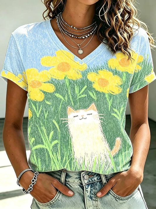 Cardydony Women's Cat And Floral Print Short-sleeved Top