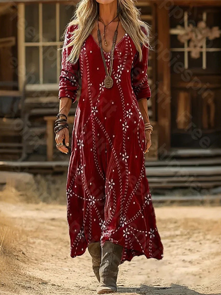Cardydony Women Abstract V Neck Printing Vintage Spring/fall Daily Maxi H-line Dress