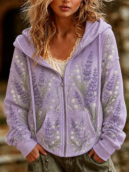 Cardydony Women's Full-zip Hoodie Sweatshirt With Lavender And Lily Of The Valley Floral Print