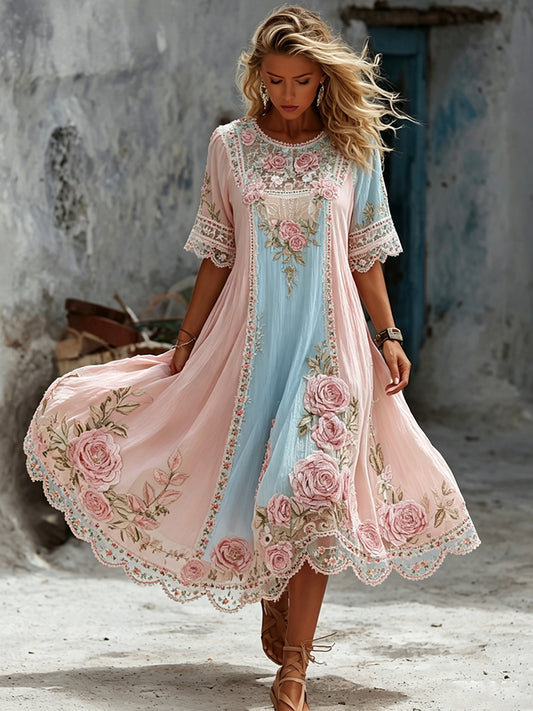 Cardydony Women's Vintage Floral Patchwork Print Art Flowy Linen Blend Maxi Dress