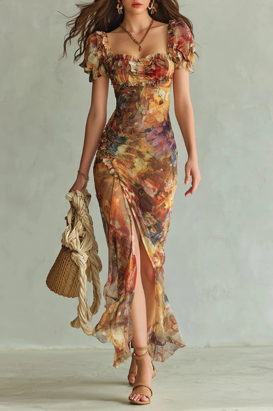 Cardydony Women's  Floral Print Short-sleeved Square Neck Ruffled Elegant Slit Maxi Dress