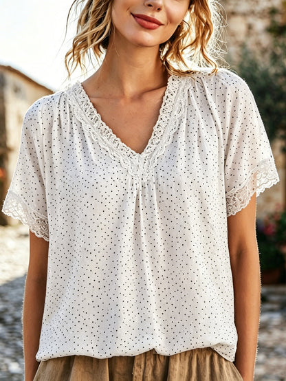Cardydony Women's Retro Minimalist Bohemian Style Polka Dot Print V-neck Top