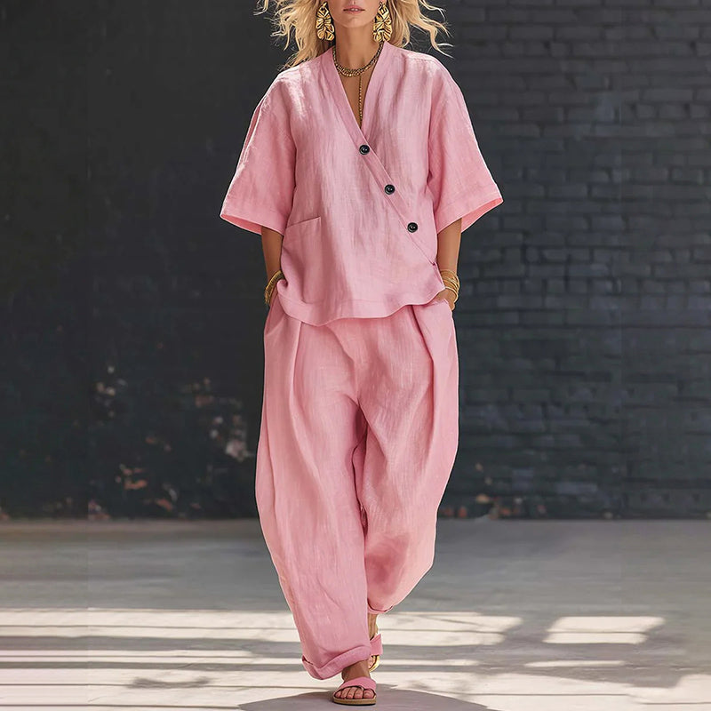 Cardydony Casual Solid Color V-neck Loose Short-sleeved Top And Trousers Two-piece Set