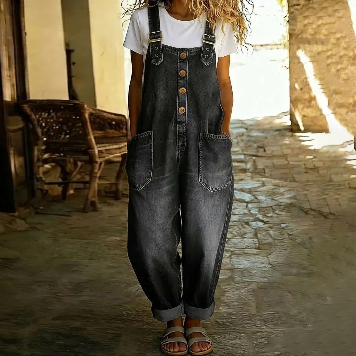 Cardydony Women's Vintage Distressed Washed Jumpsuit