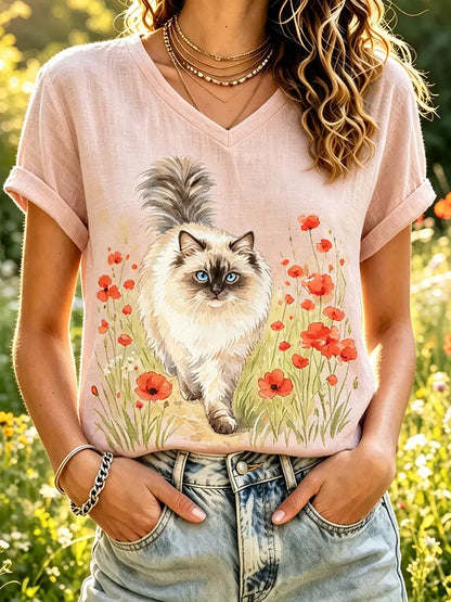 Cardydony Women's V-neck Short-sleeve T-shirt With Fluffy Cat And Red Poppy Flower Watercolor Print