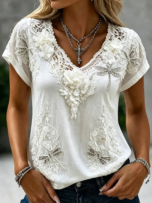 Cardydony Women's Retro Vacation Floral Dragonfly Linen Top