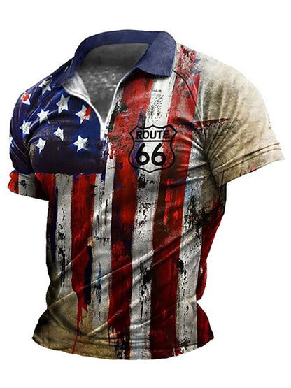 Cardydony Men's Retro American Flag Veterans Print Zipper Up Polo Shirt