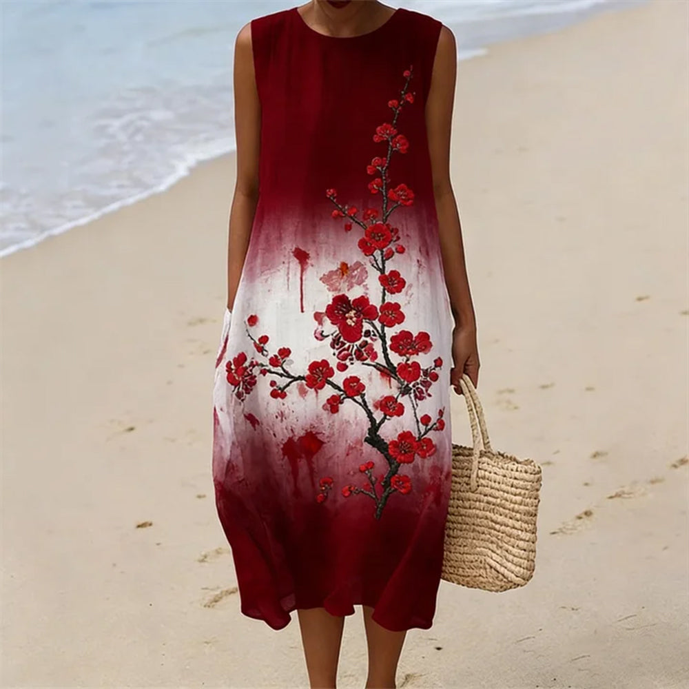 Cardydony Japanese-style Plum Blossom Art Gradient Embroidery Cotton Linen Dress