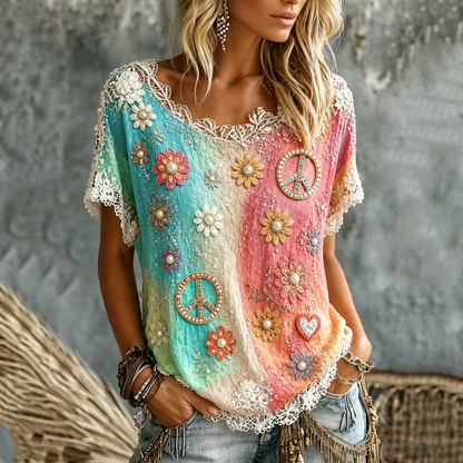 Cardydony Women's Pearl Floral Peace Sign Tie Dye Art Print Casual T-shirt