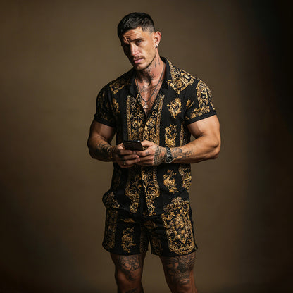 Cardydony Men's Fashion Baroque Pattern Cuban Shirt And Shorts Two-piece Set