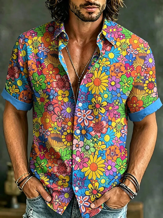 Cardydony Men's Vintage Hippie Floral Art Print Short Sleeve Shirt