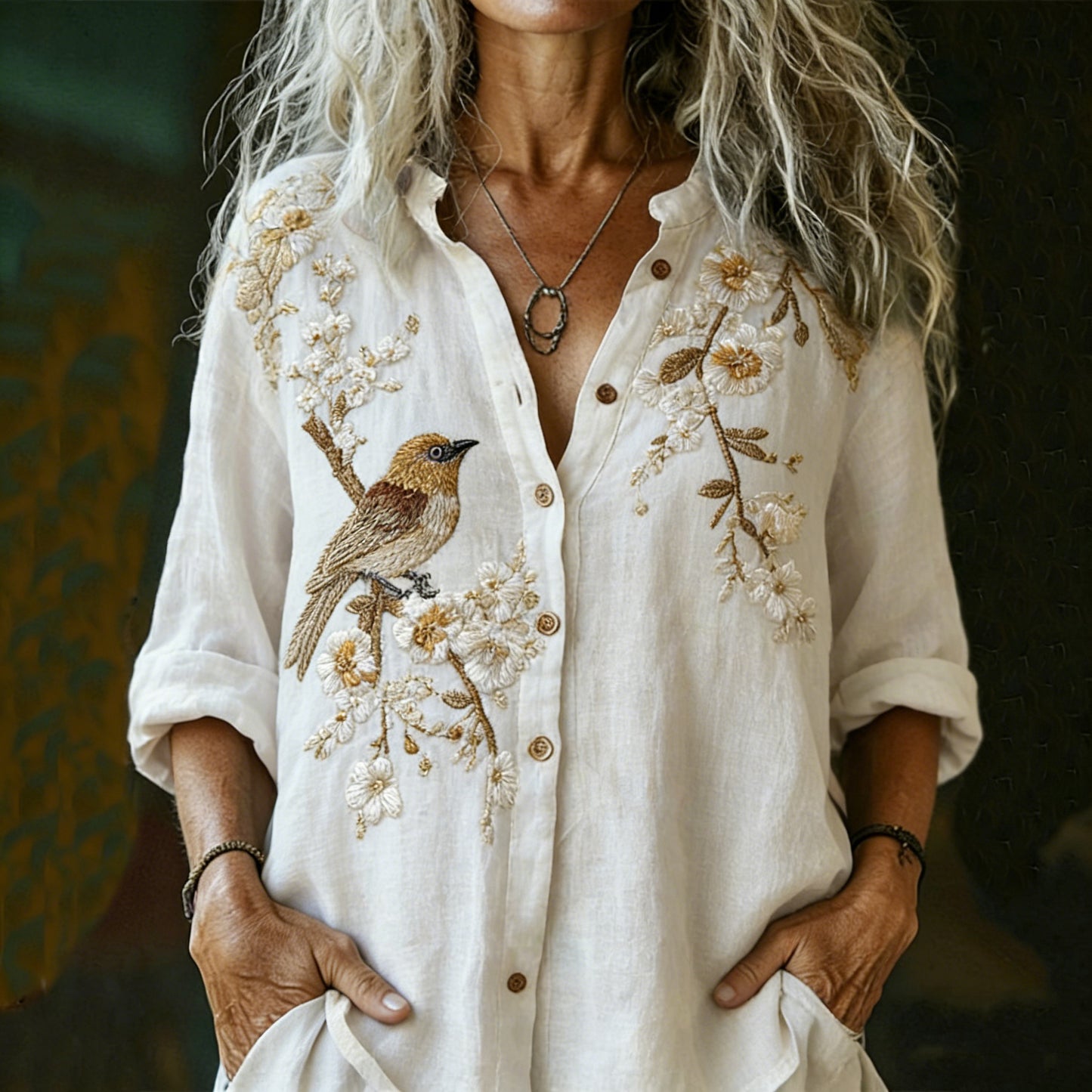Cardydony Women's Vintage Floral And Bird Print Long-sleeve Shirt