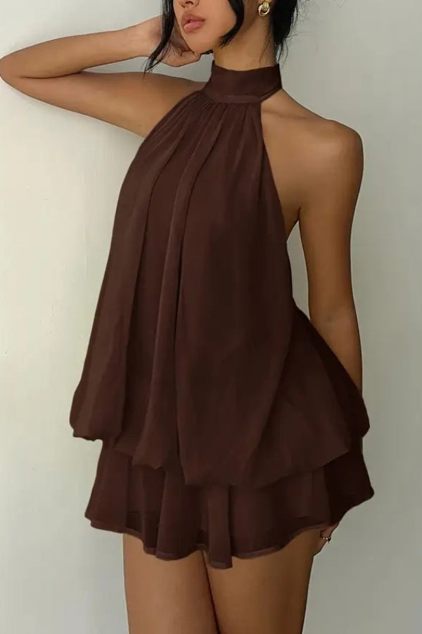 Cardydony Women's  Fashionable Chiffon Halter Neck Backless Lace-up Casual Vacation Mini Dress