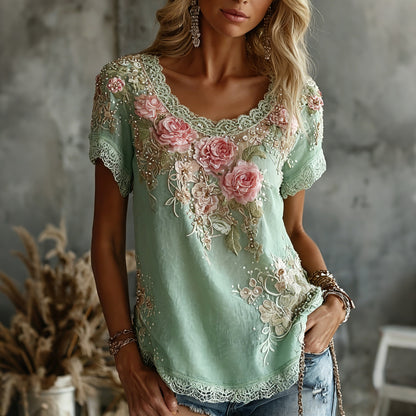 Cardydony Women's Vintage Rose Floral Art Linen Blend Top